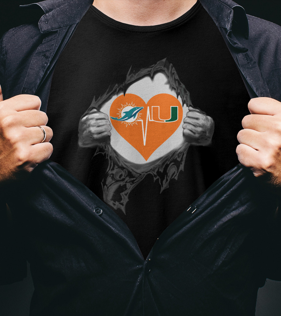 Miami Dolphins And Hurricanes Heartbeat Fan Logo Fusion T-Shirt