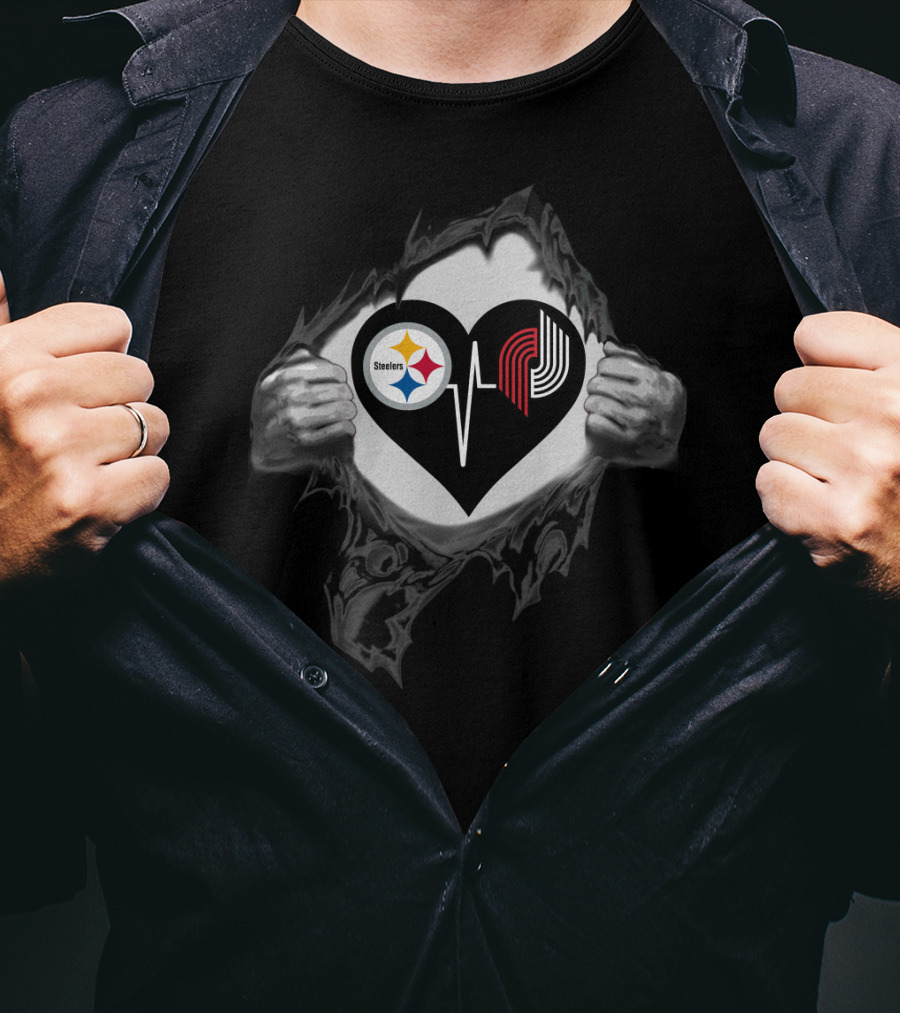 Steelers And Portland Trail Blazers Heartbeat T-Shirt