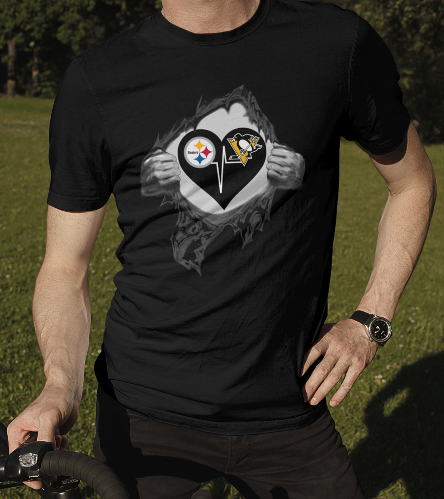 Steelers Penguins Heartbeat Hands Tear Steel T-Shirt
