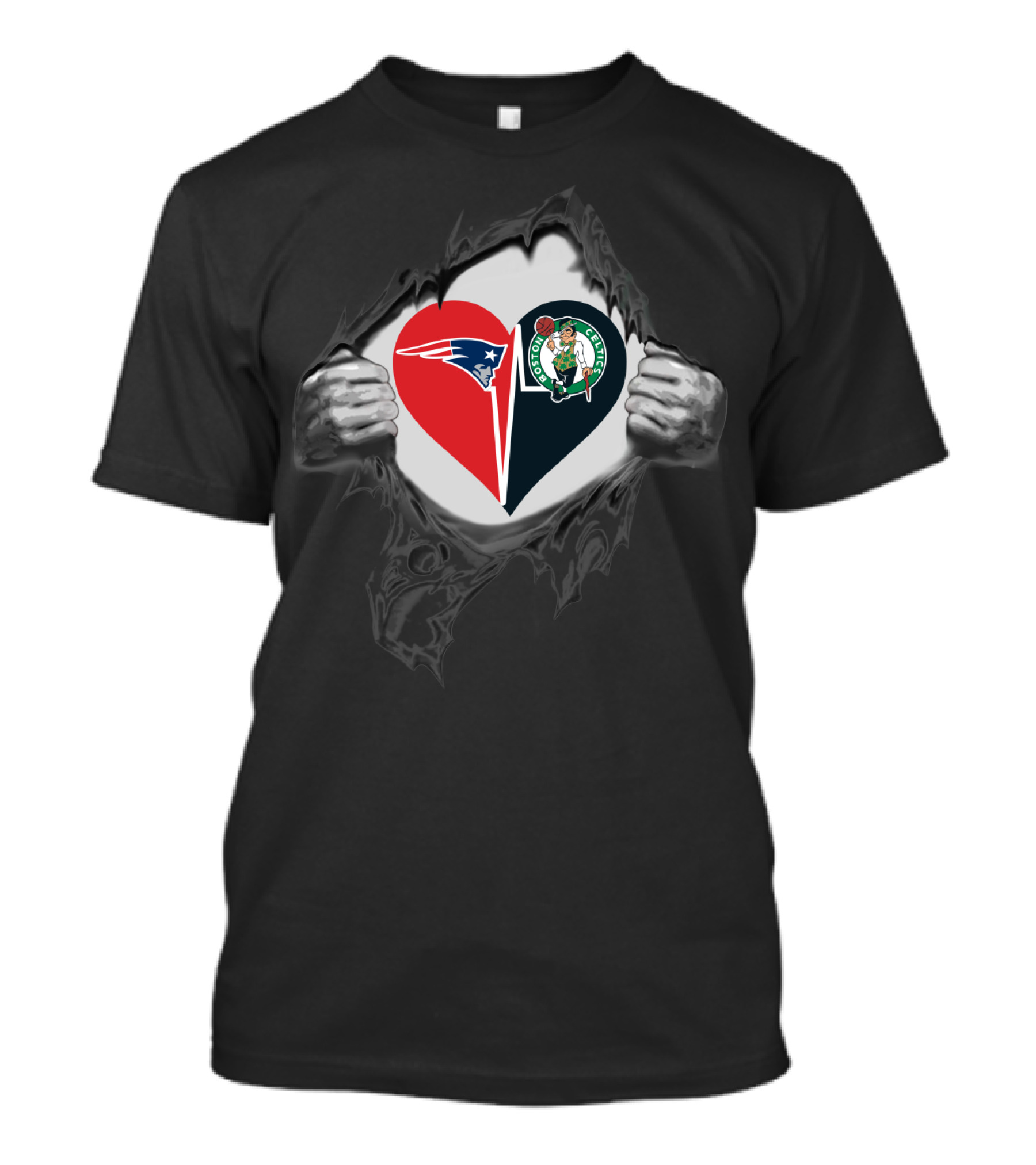 Patriots And Celtics Heart Design With Team Logos T-Shirt