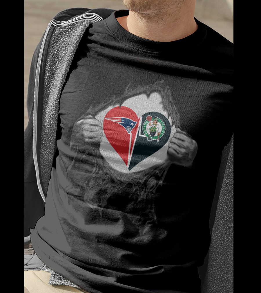 Patriots And Celtics Heart Design With Team Logos T-Shirt