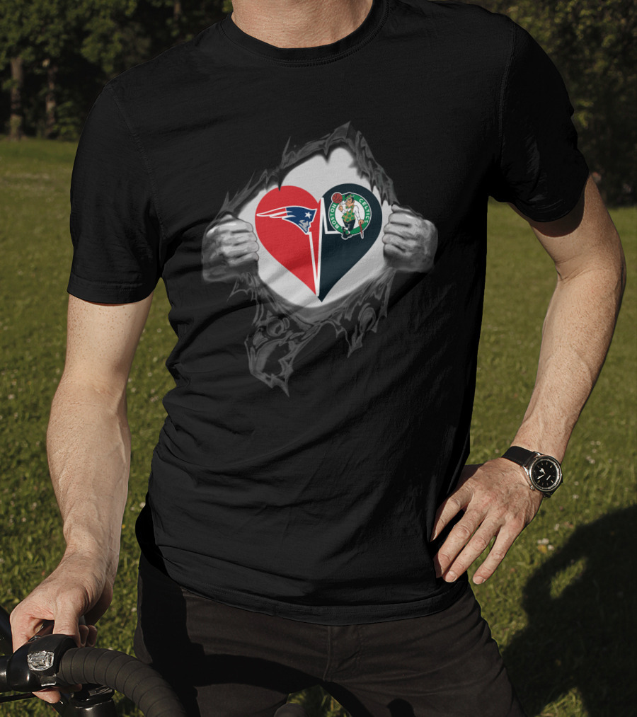 Patriots And Celtics Heart Design With Team Logos T-Shirt