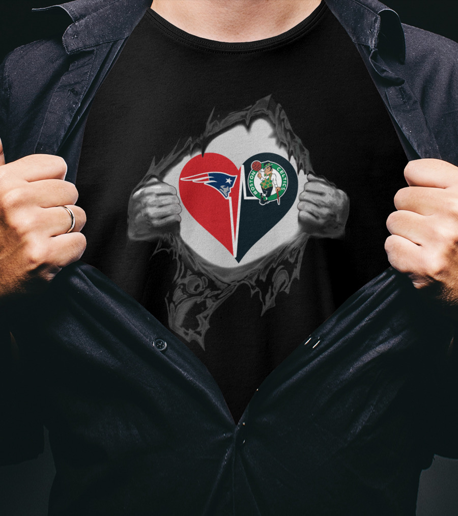 Patriots And Celtics Heart Design With Team Logos T-Shirt