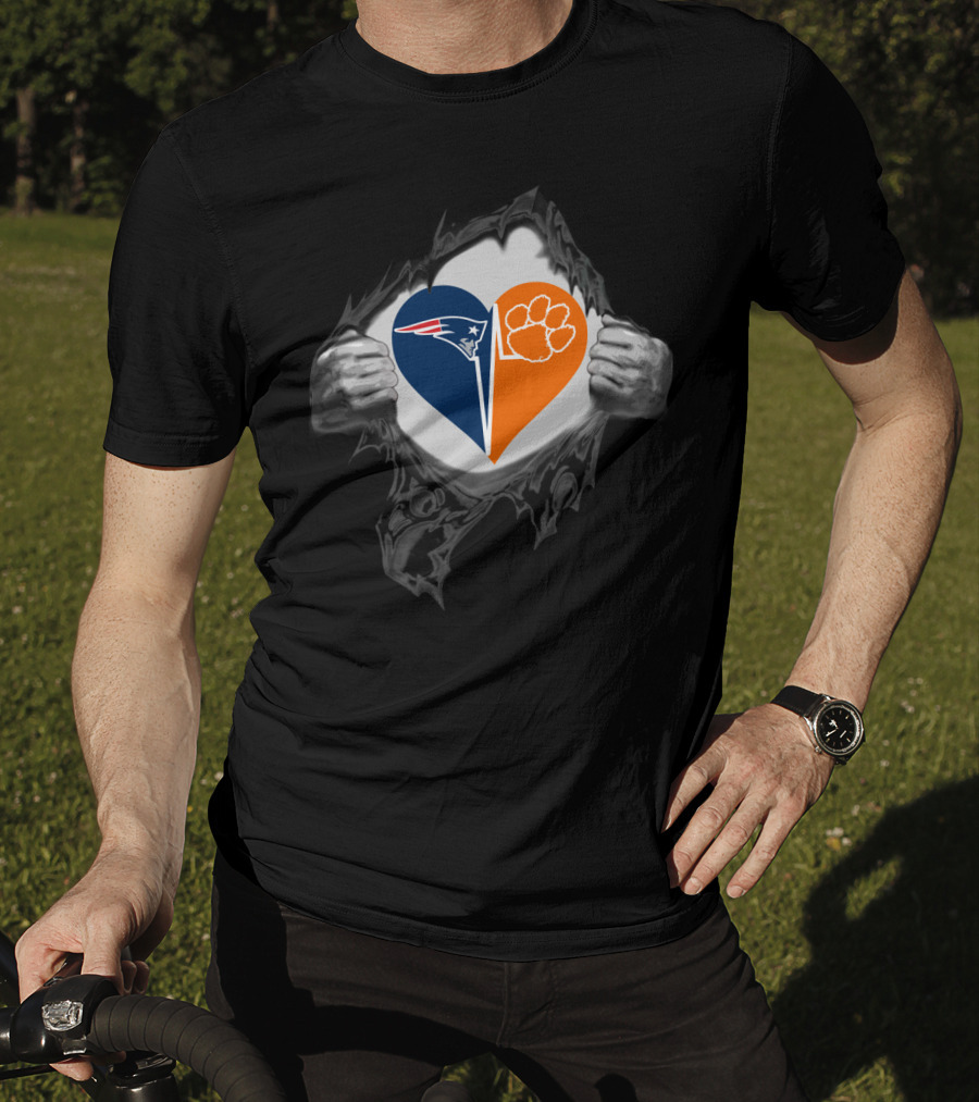New England Patriots Heart And Clemson Tigers Paw Inside Ripped T-Shirt