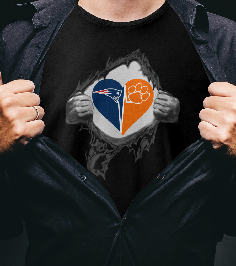 New England Patriots Heart And Clemson Tigers Paw Inside Ripped T-Shirt