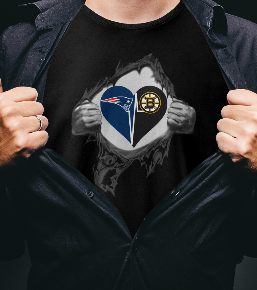 Patriots Bruins Heart Logos Hidden Under Tear T-Shirt