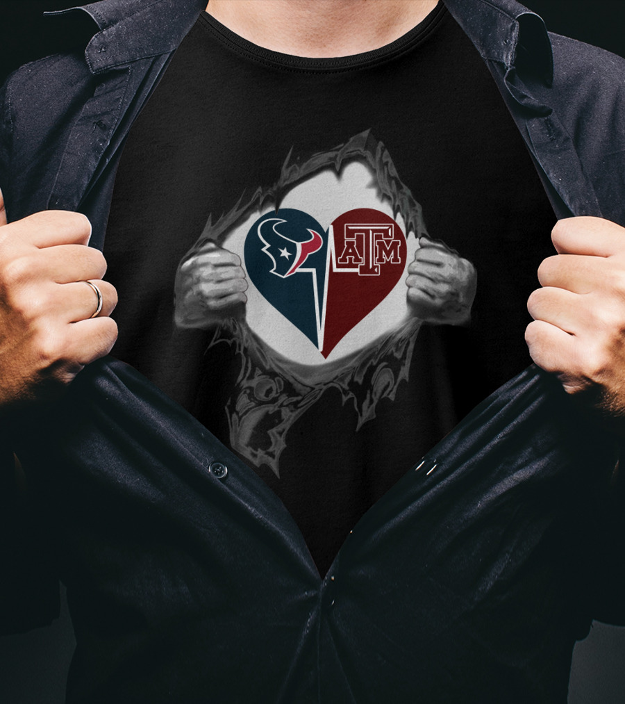 Houston Texans And Texas A&M Aggies Heart Torn Chest T-Shirt