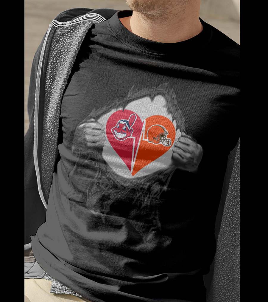 Cleveland Browns Heart With Cleveland Indians Logo Inside Torn Chest T-Shirt