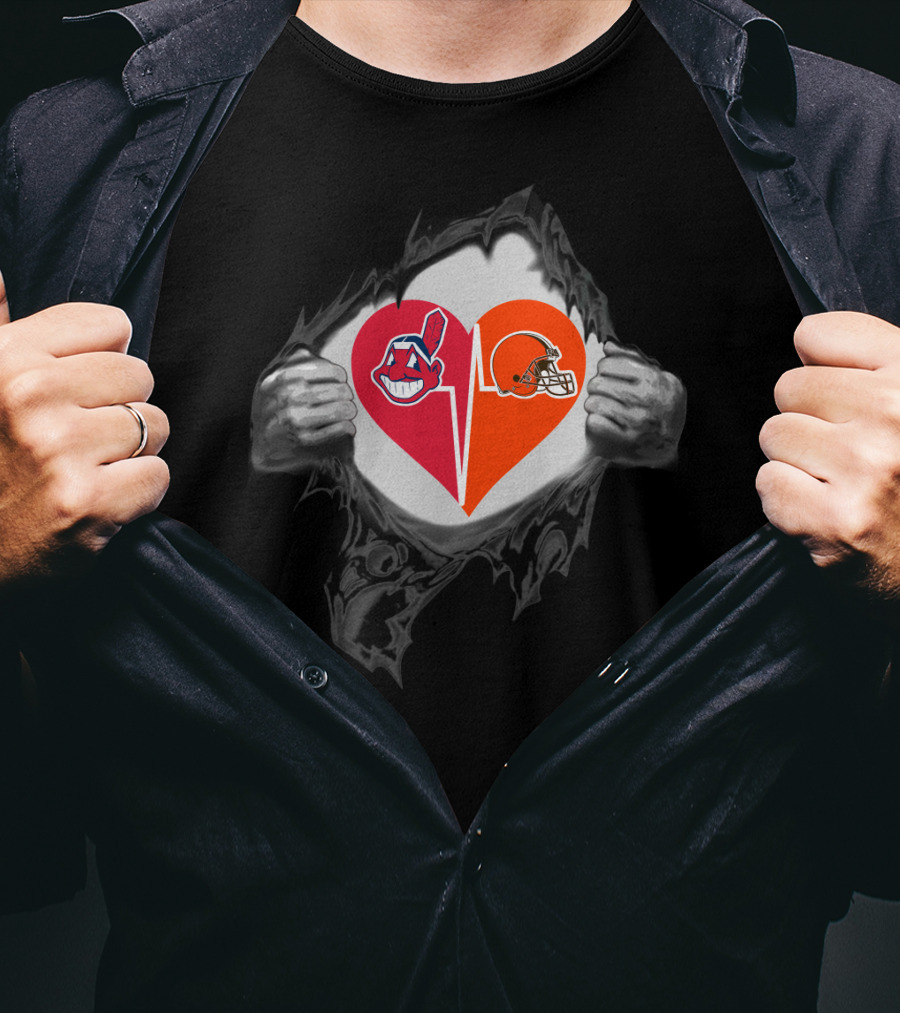Cleveland Browns Heart With Cleveland Indians Logo Inside Torn Chest T-Shirt