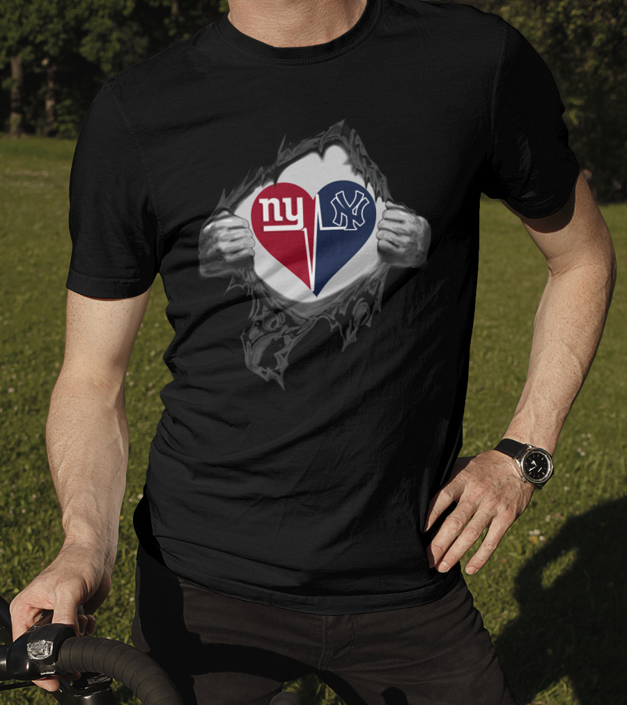 New York Giants And Yankees Heartbeat Fusion T-Shirt