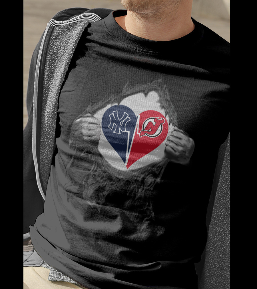 New York Yankees New Jersey Devils Heart Logos Split T-Shirt