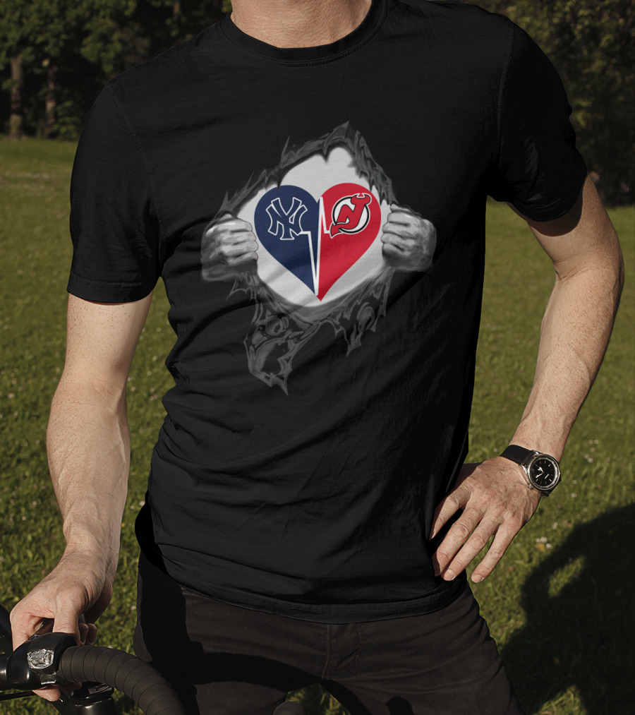 New York Yankees New Jersey Devils Heart Logos Split T-Shirt
