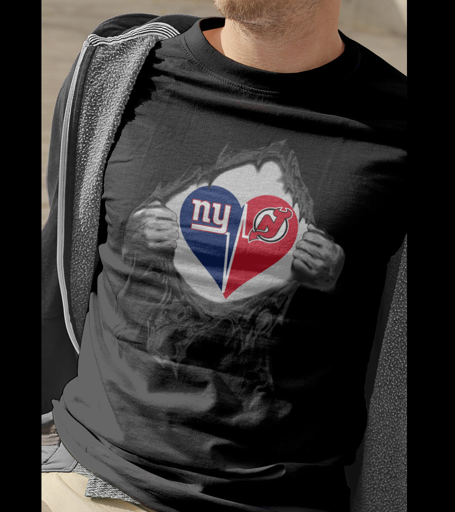Ny Giants New Jersey Devils Heart Logo Nfl Nhl Fan Fusion T-Shirt