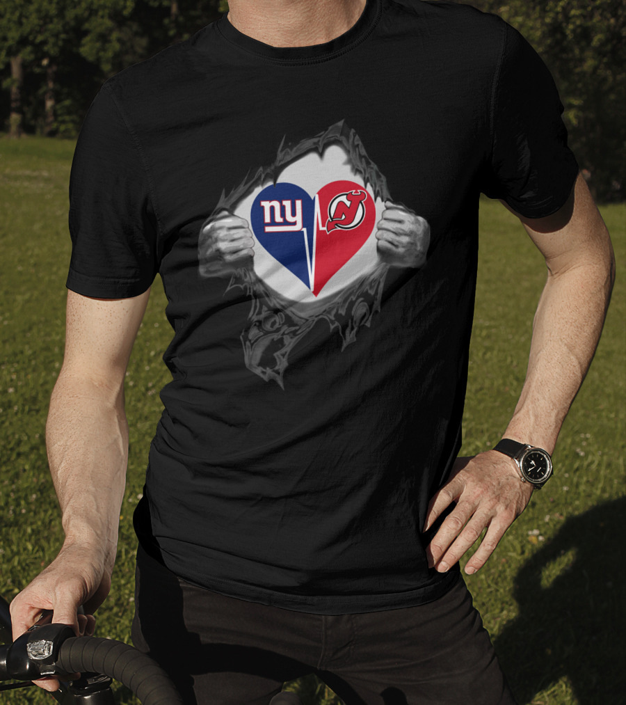Ny Giants New Jersey Devils Heart Logo Nfl Nhl Fan Fusion T-Shirt