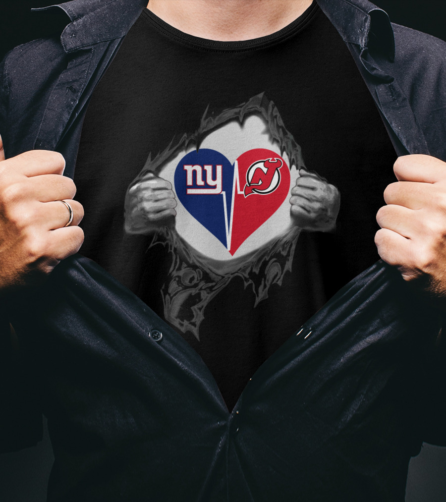 Ny Giants New Jersey Devils Heart Logo Nfl Nhl Fan Fusion T-Shirt