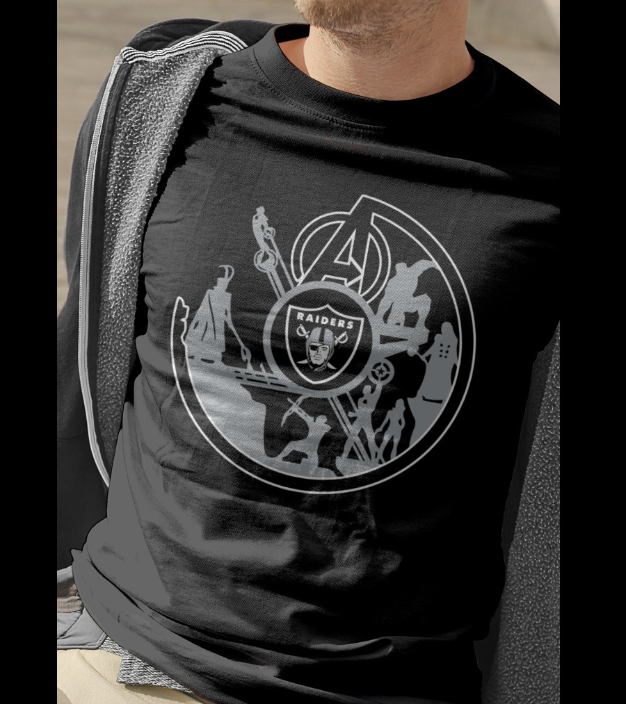 Avengers Raiders Crossover Emblem With Superhero Silhouettes And Icons T-Shirt