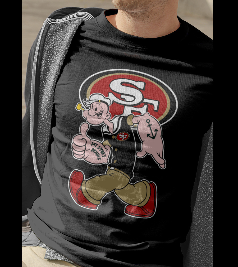 San Francisco 49ers Sf Logo With Walking Sailor Character And Anchor Tattoo T-Shirt