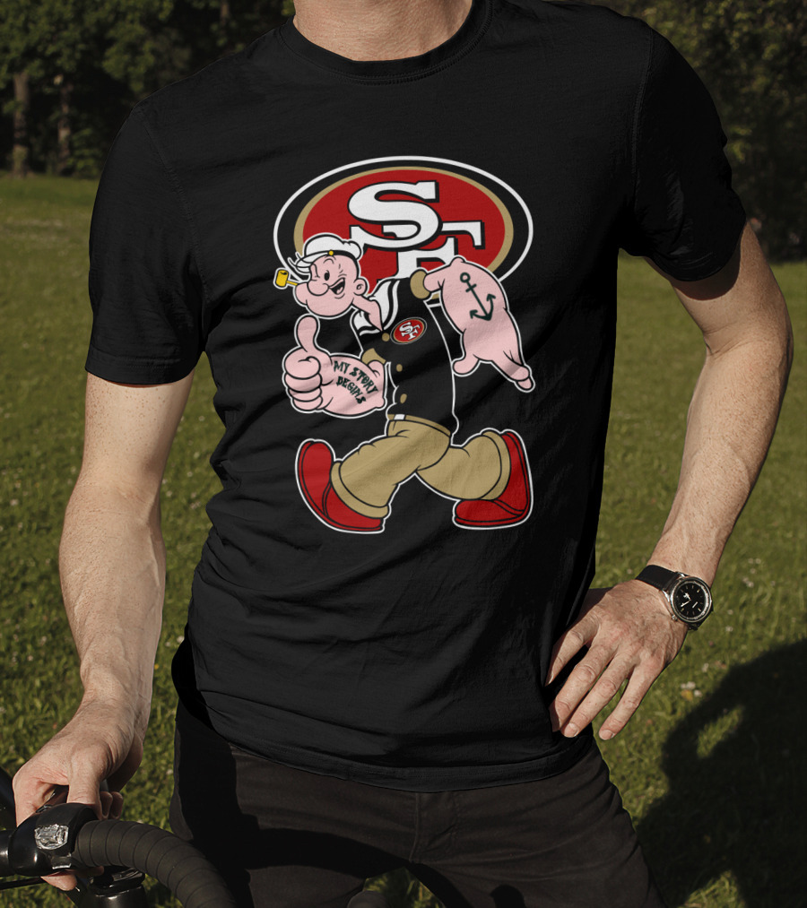 San Francisco 49ers Sf Logo With Walking Sailor Character And Anchor Tattoo T-Shirt