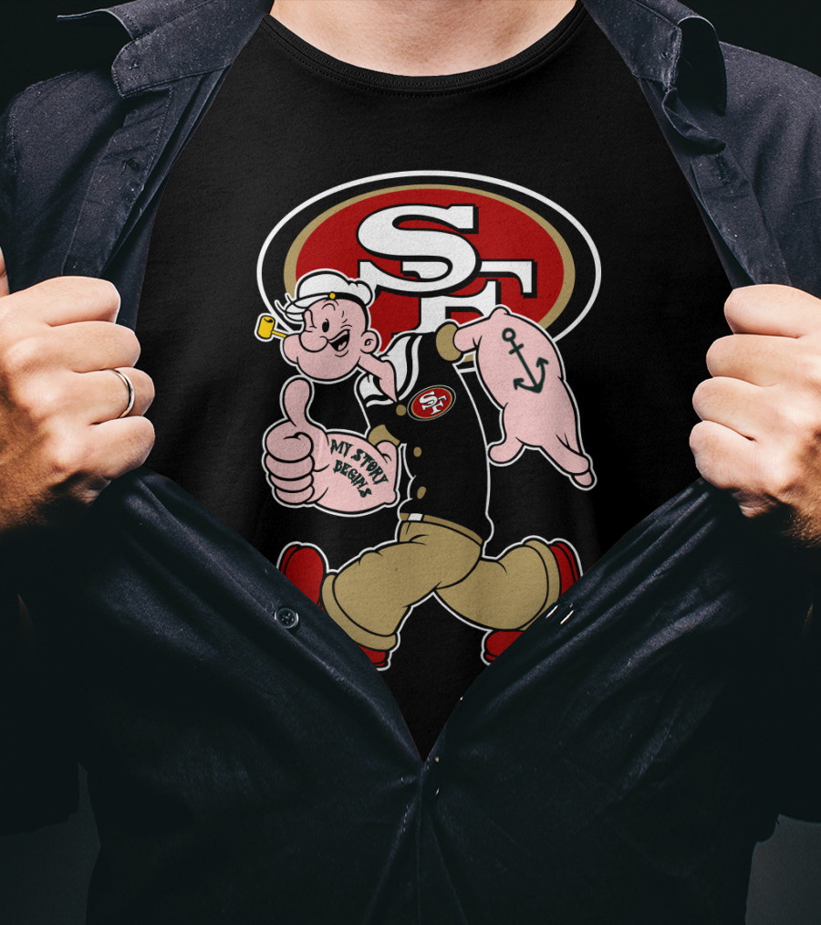 San Francisco 49ers Sf Logo With Walking Sailor Character And Anchor Tattoo T-Shirt