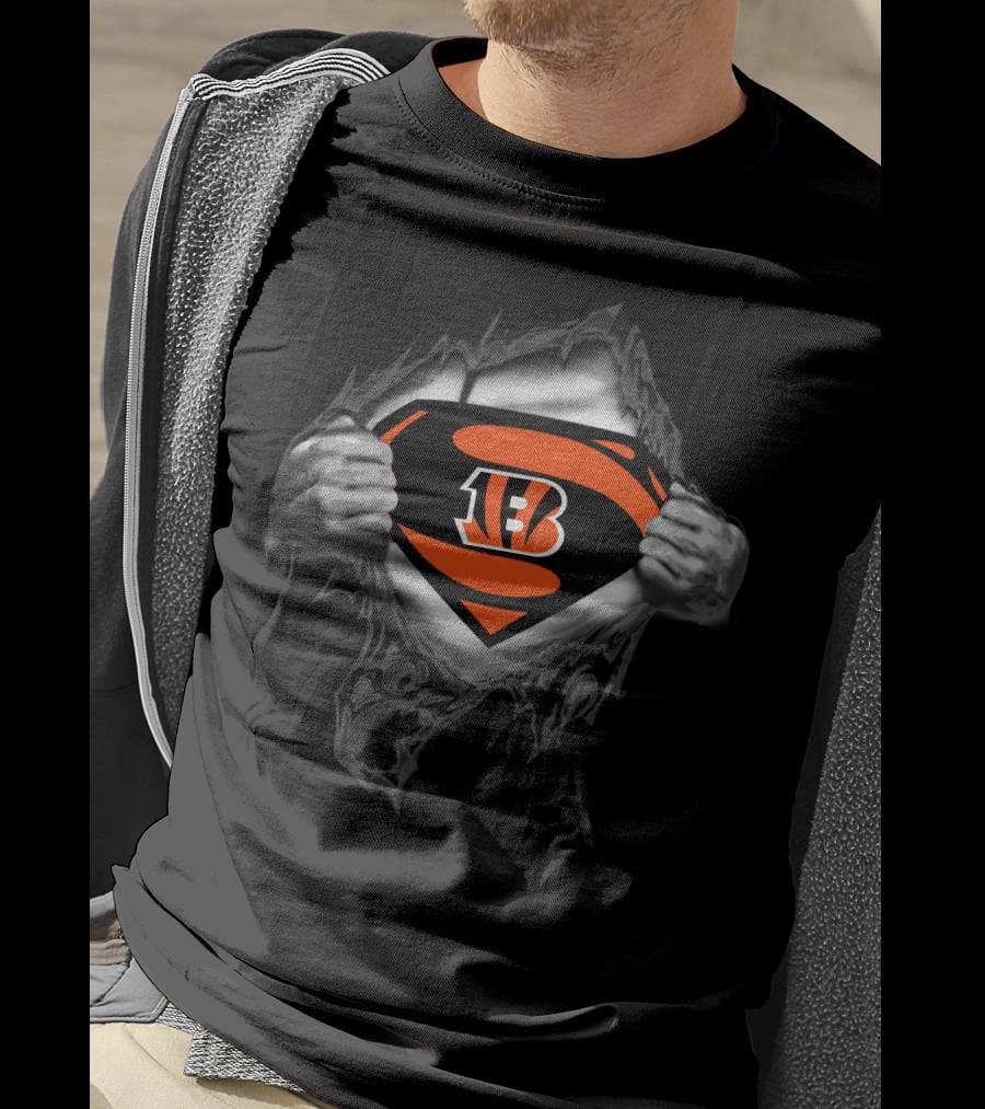 Superman Bengals Logo Hidden Beneath Ripped T-Shirt