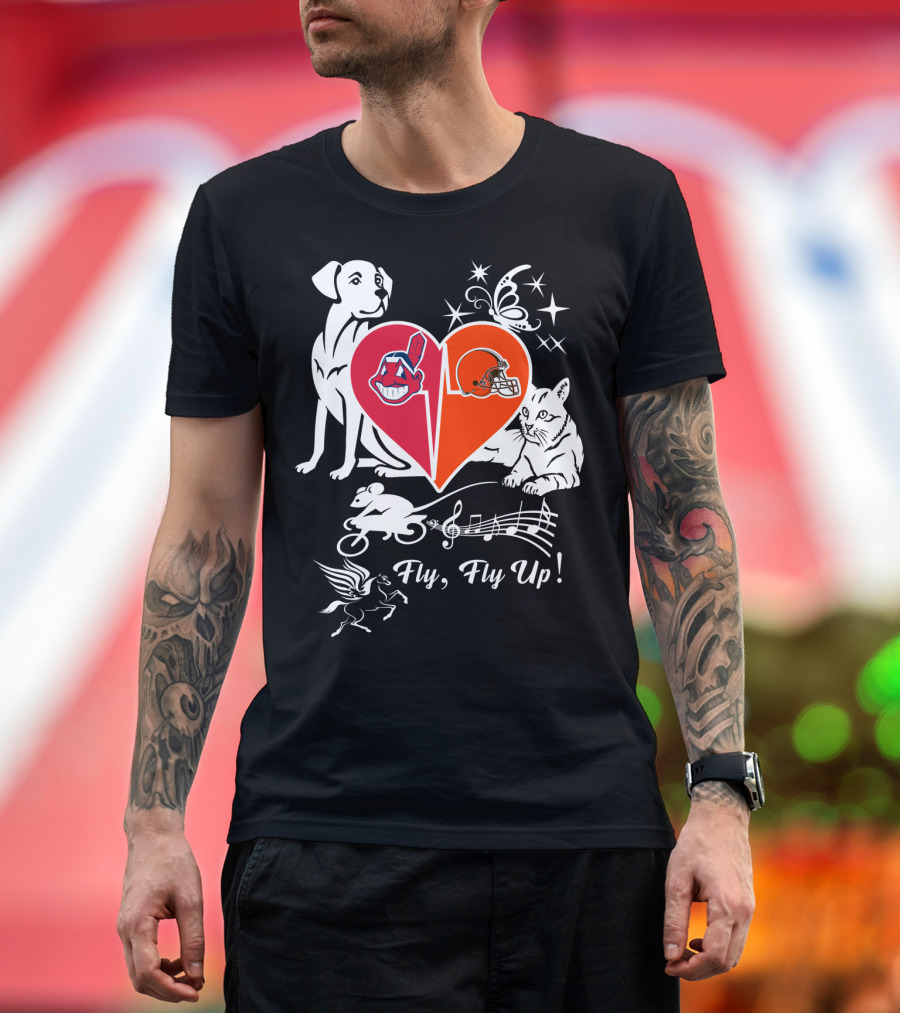 Fly Fly Up Browns Indians Dog Cat Heart Butterfly Music Notes T-Shirt