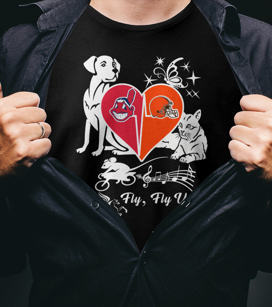 Fly Fly Up Browns Indians Dog Cat Heart Butterfly Music Notes T-Shirt