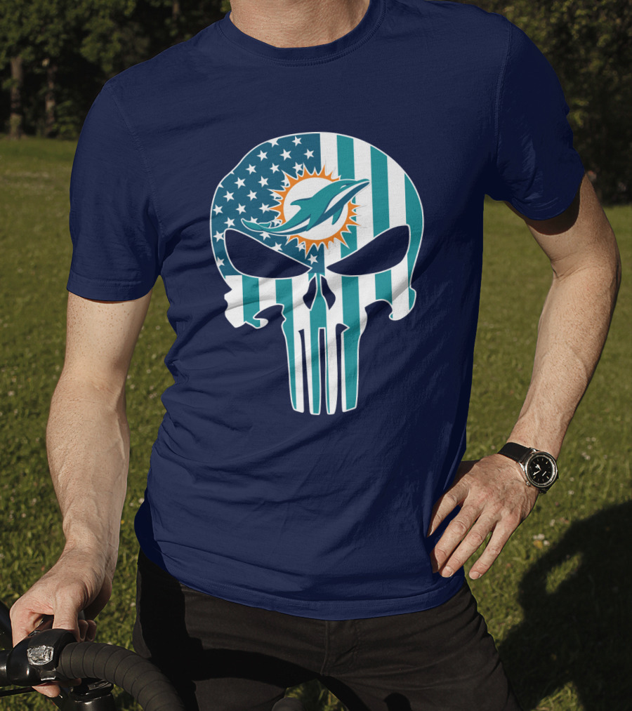 Miami Dolphins Punisher Skull American Flag T-Shirt