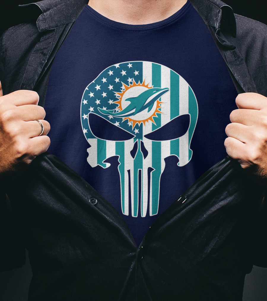 Miami Dolphins Punisher Skull American Flag T-Shirt