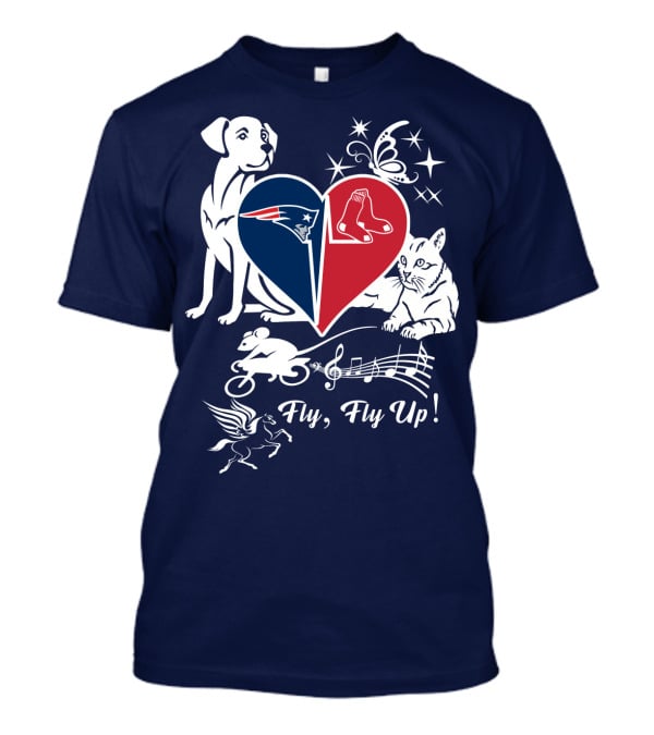 New England Patriots Red Sox Heart With Animals And Fly Fly Up T-Shirt
