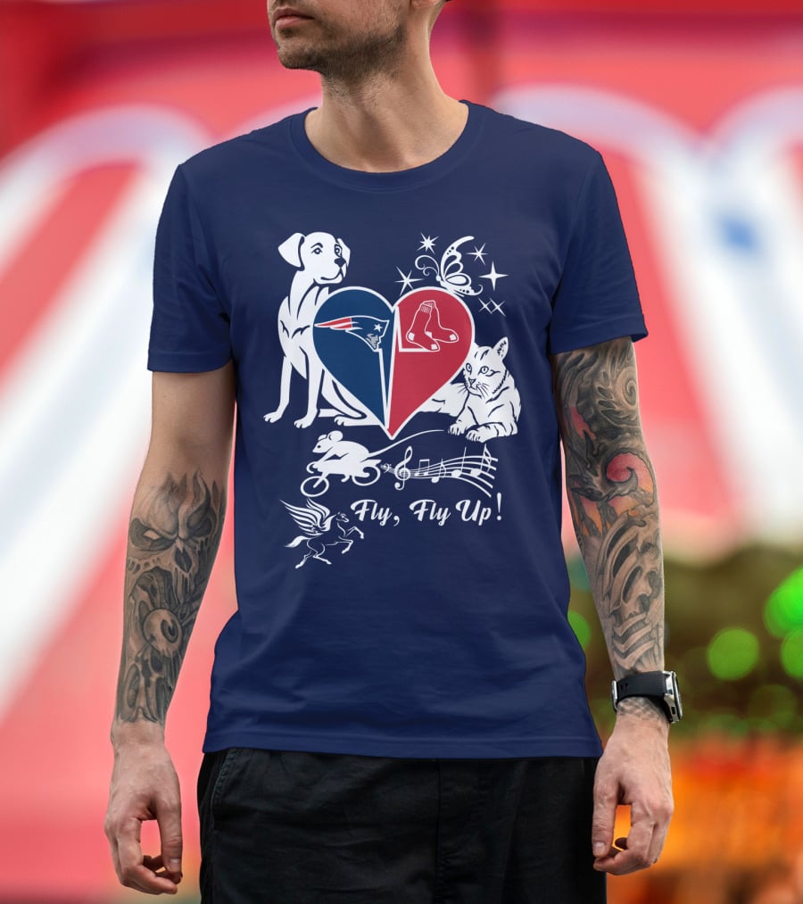 New England Patriots Red Sox Heart With Animals And Fly Fly Up T-Shirt