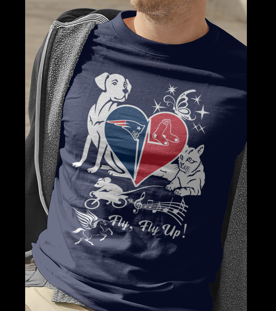 New England Patriots Red Sox Heart With Animals And Fly Fly Up T-Shirt