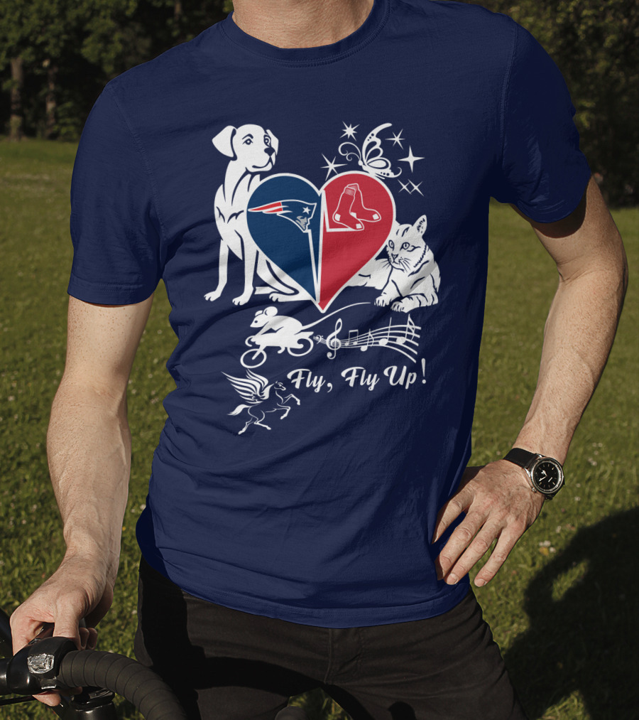 New England Patriots Red Sox Heart With Animals And Fly Fly Up T-Shirt