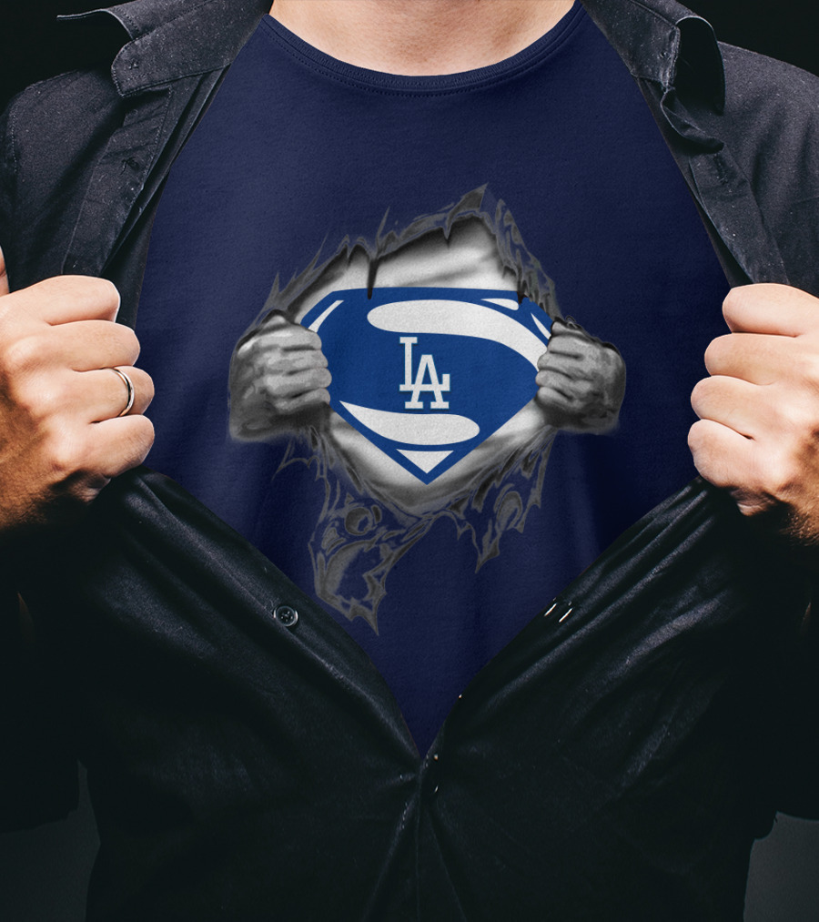 Superman Style Los Angeles Dodgers Logo On Blue T-Shirt