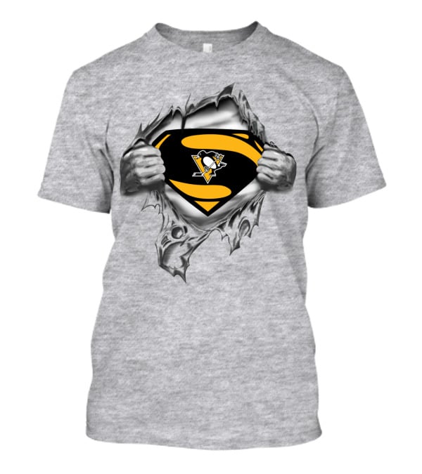 Superman Pittsburgh Penguins Logo Busting Through Silver T-Shirt