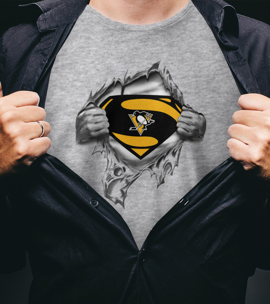 Superman Pittsburgh Penguins Logo Busting Through Silver T-Shirt