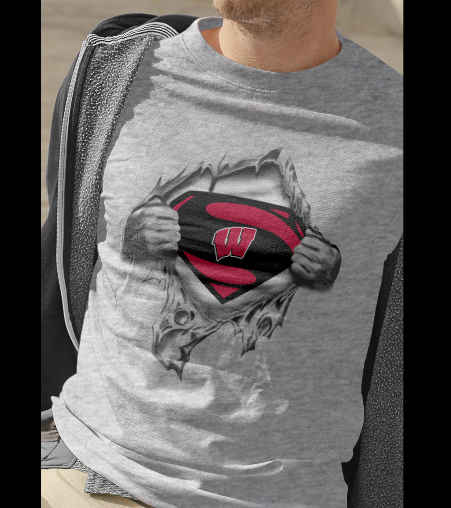 Wisconsin Badgers Superman Logo Ripped Chest T-Shirt