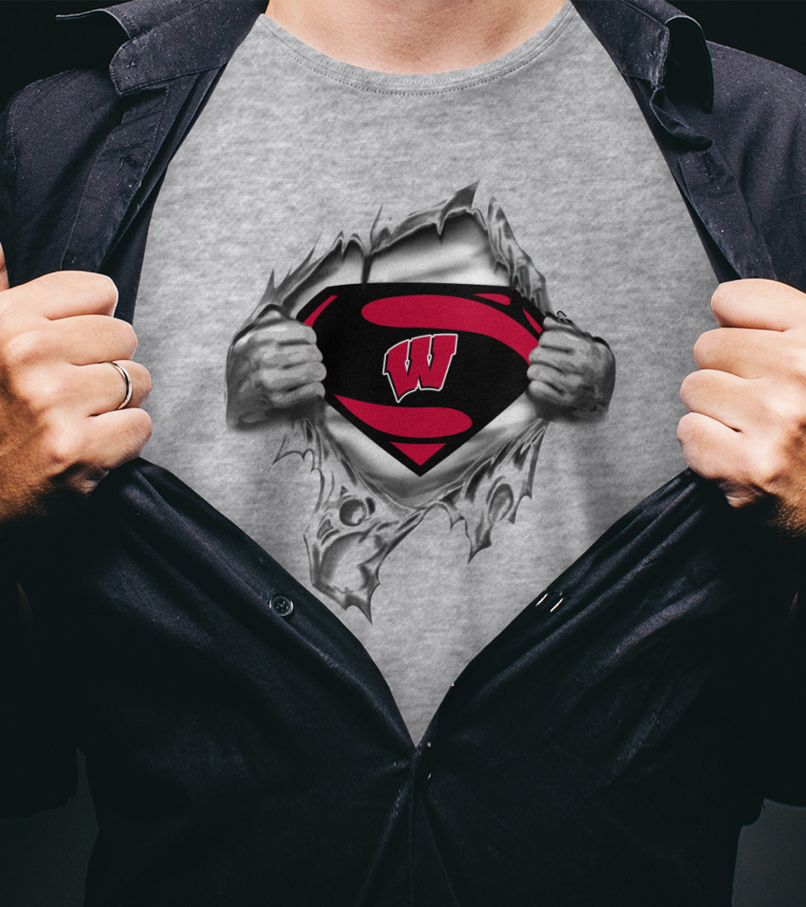 Wisconsin Badgers Superman Logo Ripped Chest T-Shirt