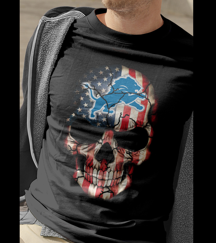 Detroit Lions American Flag Skull T-Shirt