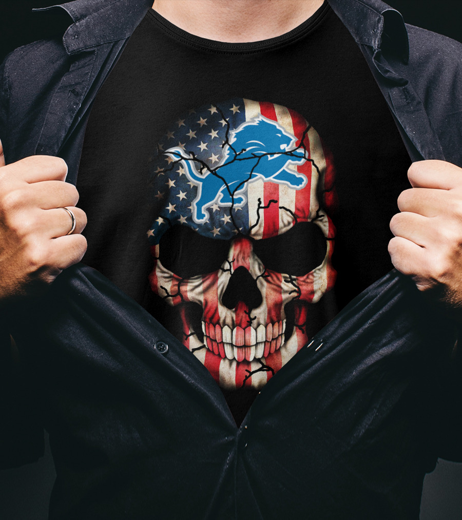 Detroit Lions American Flag Skull T-Shirt