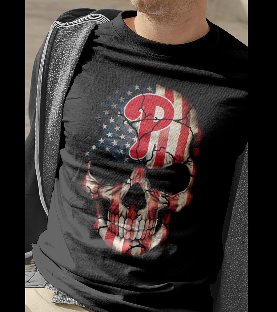 Phillies Skull American Flag Cracked T-Shirt