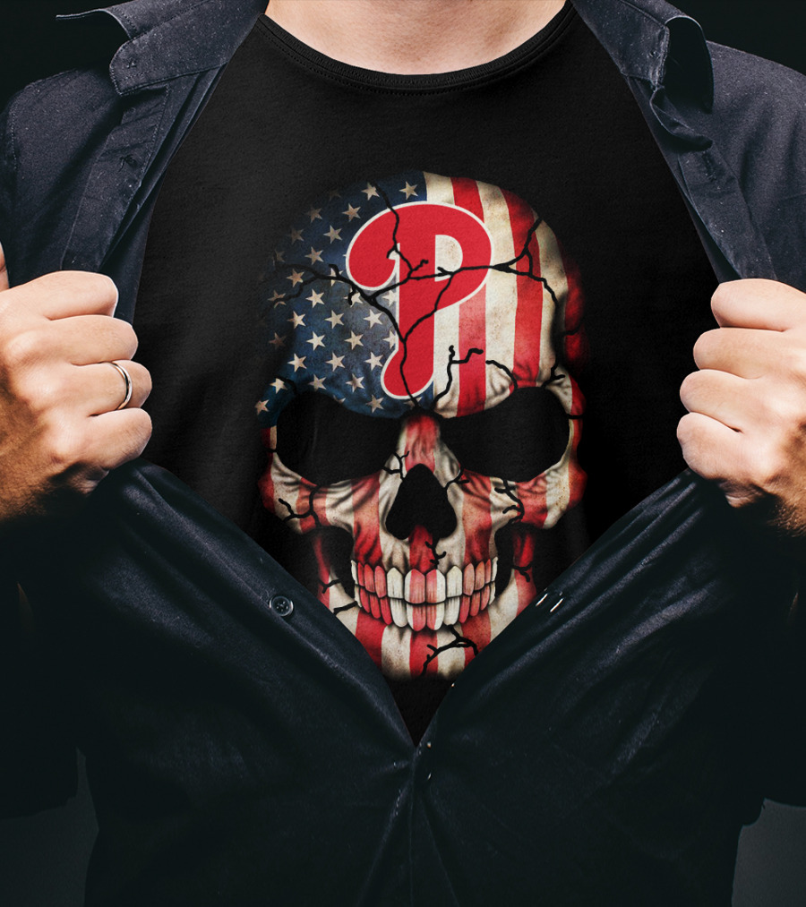 Phillies Skull American Flag Cracked T-Shirt
