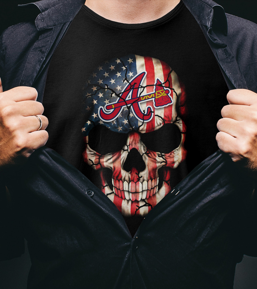 Skull With Braves Logo And American Flag T-Shirt