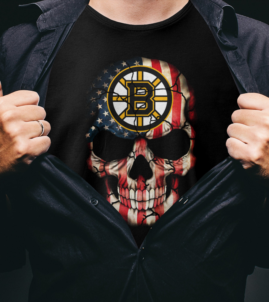 Boston Bruins American Flag Skull T-Shirt