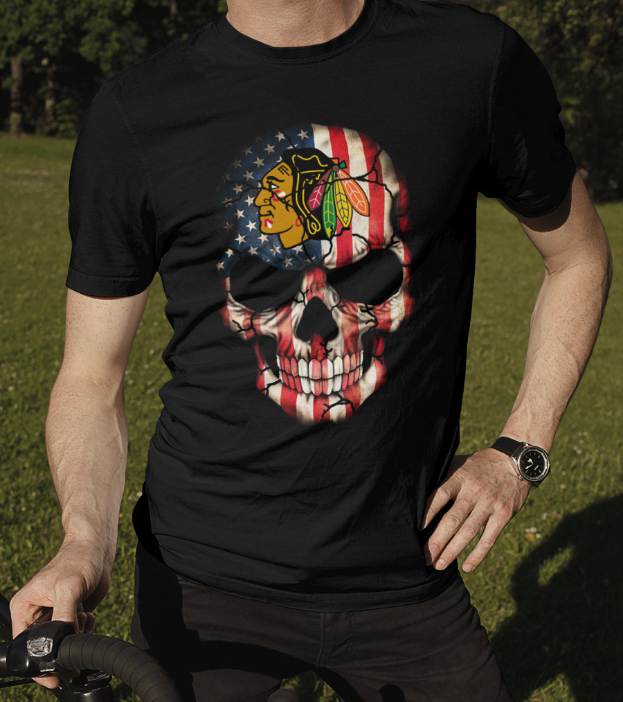 Chicago Blackhawks Skull American Flag T-Shirt