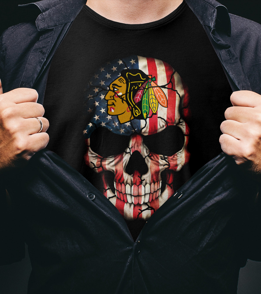 Chicago Blackhawks Skull American Flag T-Shirt
