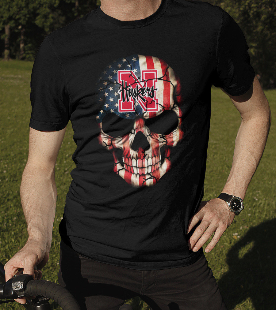 Huskers American Flag Skull Nebraska Cornhuskers N T-Shirt