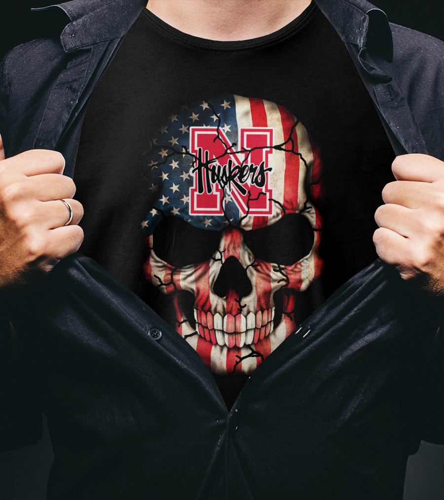 Huskers American Flag Skull Nebraska Cornhuskers N T-Shirt