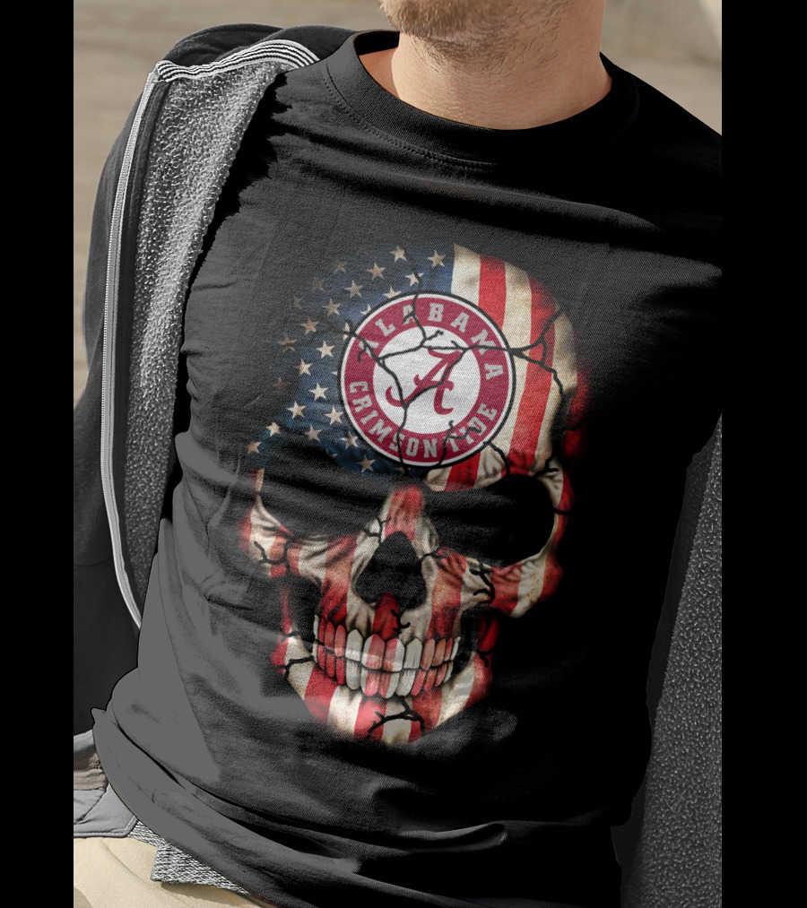 Alabama Crimson Tide Skull American Flag Style T-Shirt