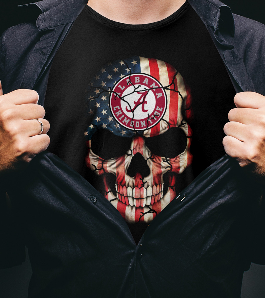 Alabama Crimson Tide Skull American Flag Style T-Shirt