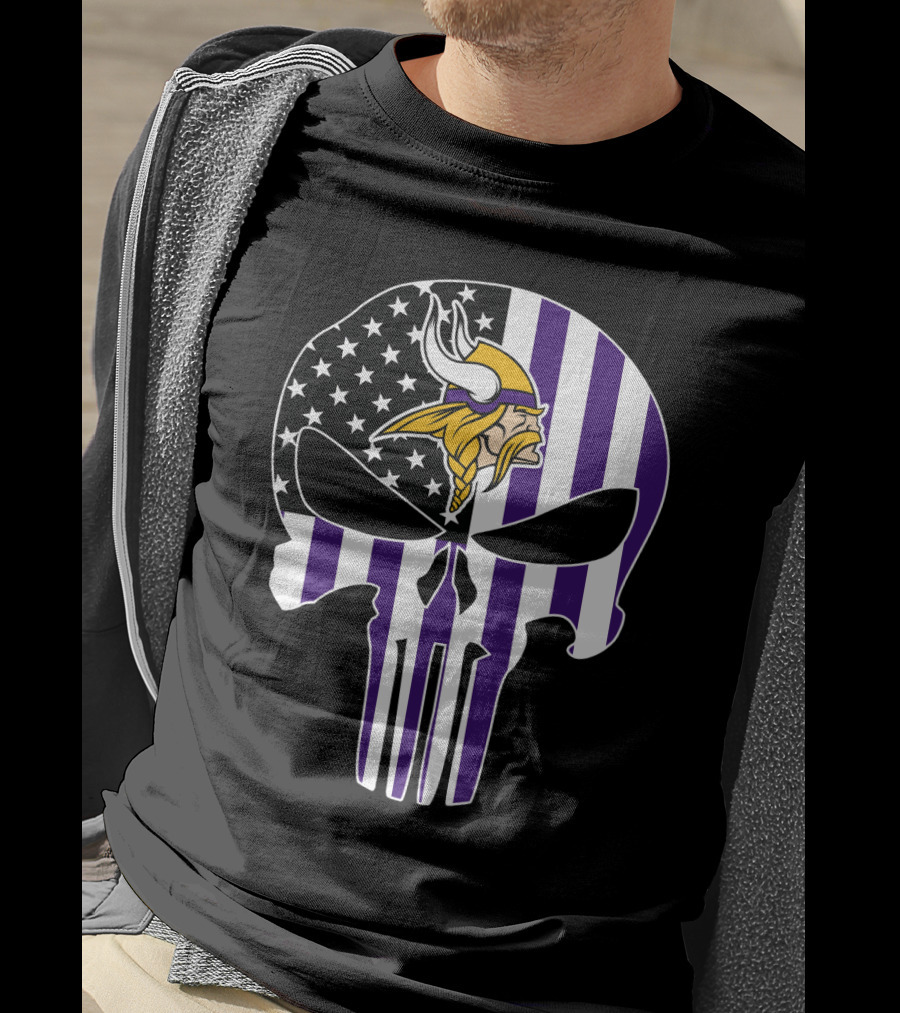 Minnesota Vikings Punisher American Flag Skull T-Shirt